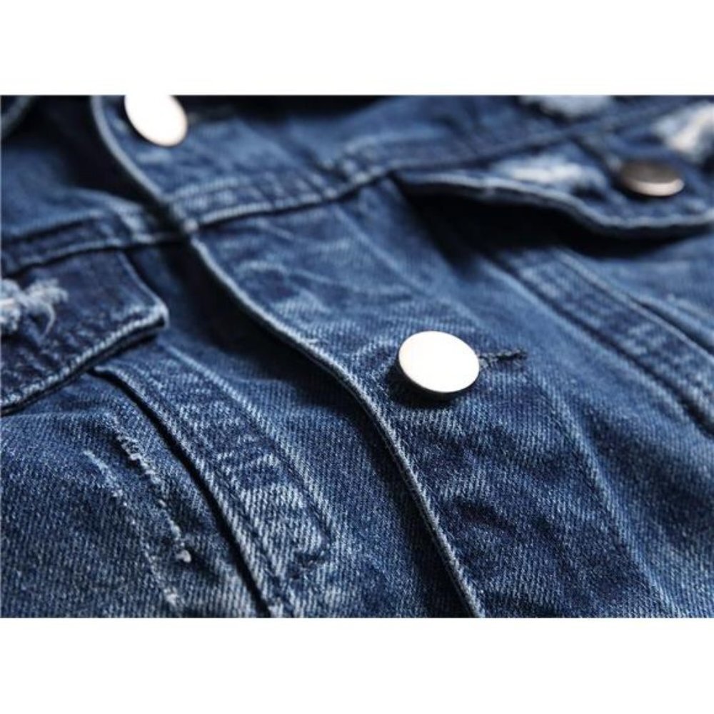 Dark Blue Distressed Jean Jacket Ripped Acid Wash Slim‎ Denim Trucker Jacket - Picture 5 of 7